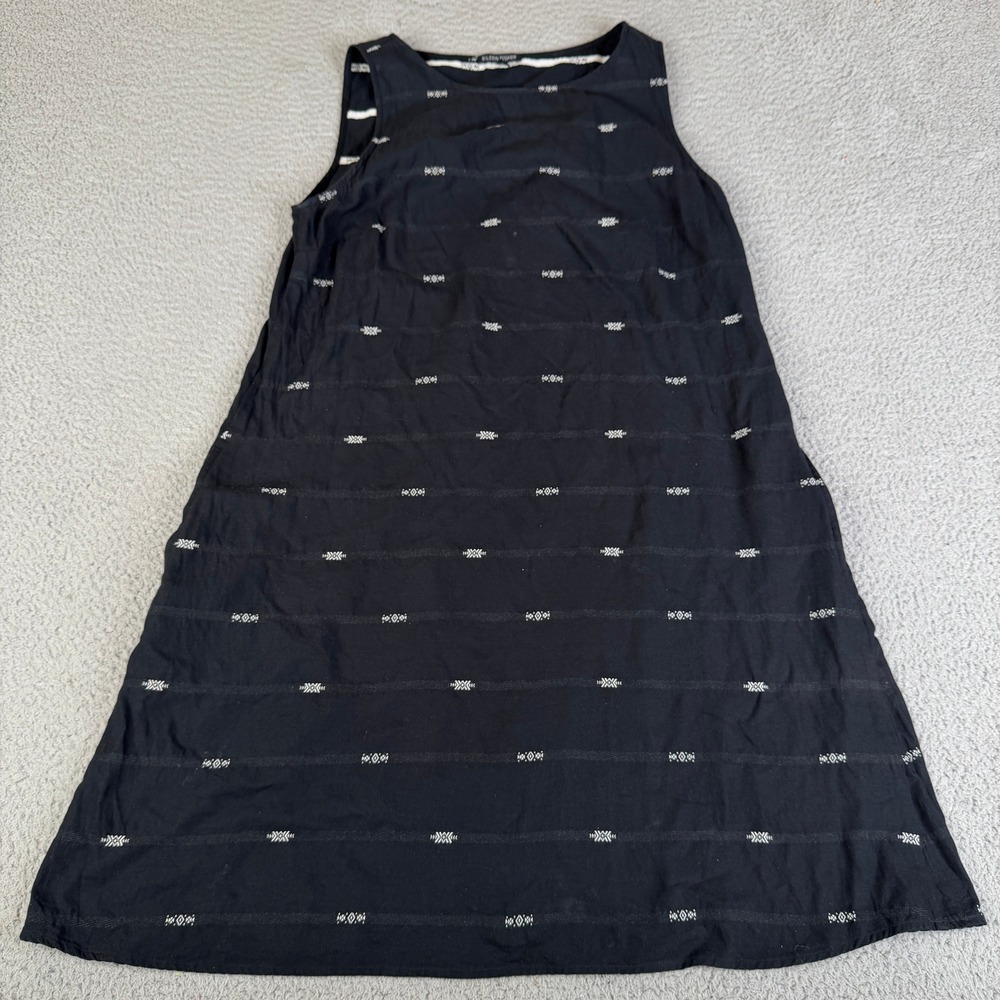 Eileen Fisher Dress Medium Black Organic Cotton Jacquard Stripe Sleeveless Shift